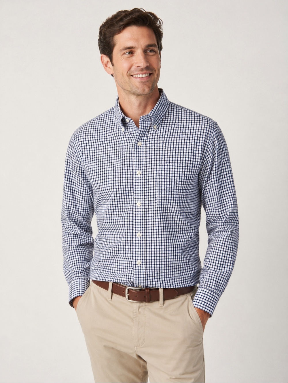 Peter Millar Navy and White Gingham Cotton Long Sleeve Button-Down Dress Shirt L